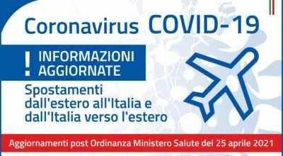 Aggiornamento delle misure che regolano l’ingresso in Italia da Paesi terzi, applicabili dal 27 aprile 2021.