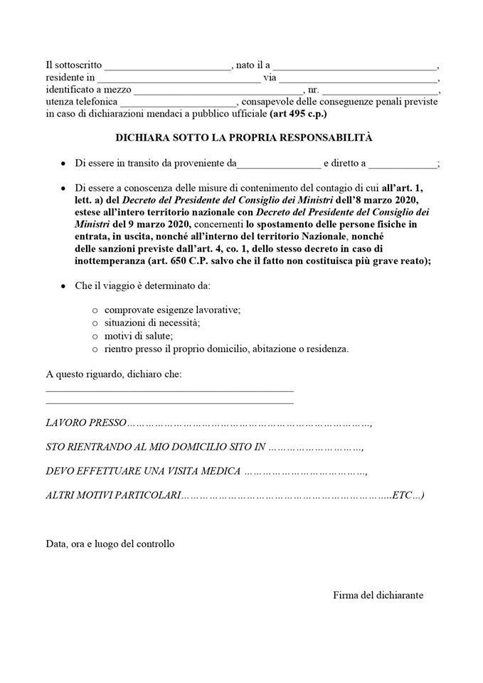 Modulo di autocertificazione 10/03/2020