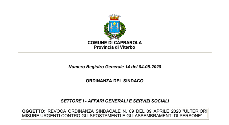 Ordinanza del Sindaco N.14 del 04/05/2020