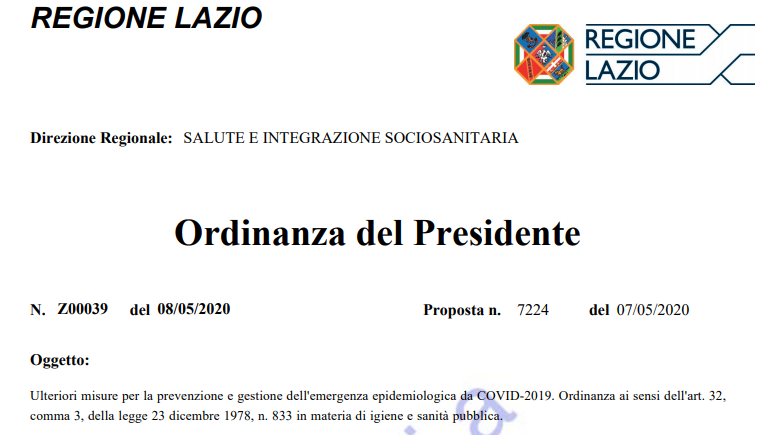 Regione Lazio_Ordinanza Z00039 del 07/05/2020