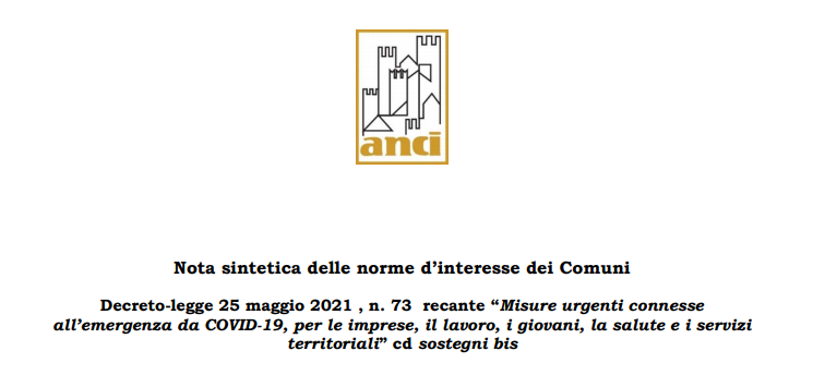 DL Sostegni BIS – Nota sintetica delle norme d’interesse dei Comuni