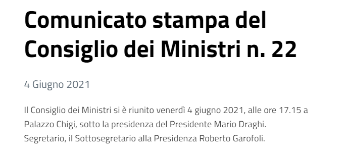 Consiglio dei Ministri 04/06/2021