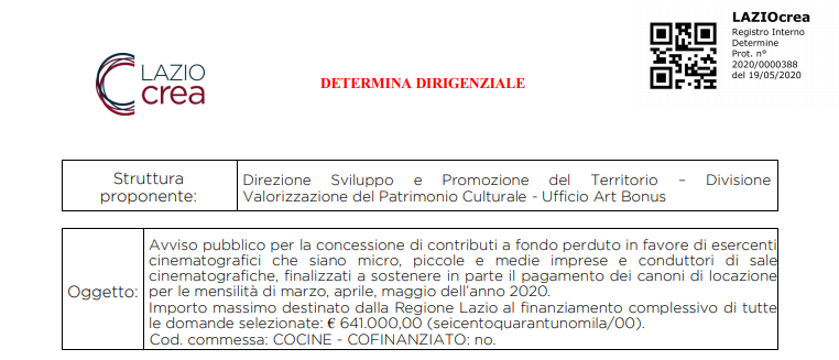 Avviso per la concessione di contributi per affitti dei cinema della Regione Lazio