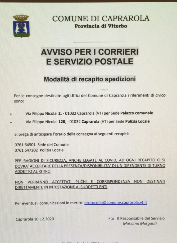 Avviso per corrieri e servizio postale