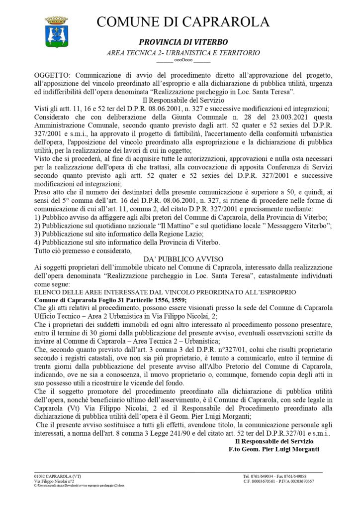 Approvazione Progetto “Realizzazione parcheggio in loc. Santa Teresa